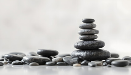 Stack of spa stones with leaf on light background. Space for text isolated with white highlights, png