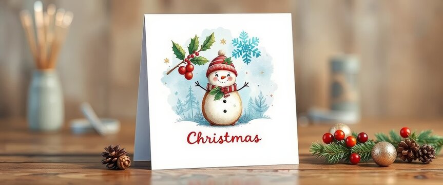 Festive holiday card with snowman and christmas decorations on wooden table