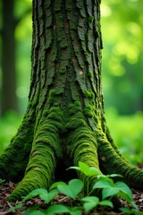 Obraz premium Moss covered tree trunk on abstract green background, forest, botanical, earthy