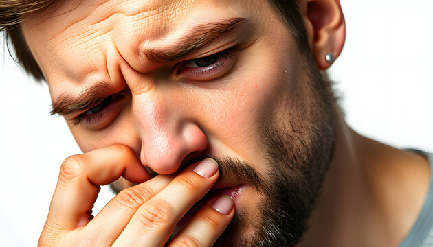 Portrait, bite nails and man with anxiety, mental health or depression with guy isolated on white studio background. Face, male person or model with bad habit, mockup or anxious with problem or issu