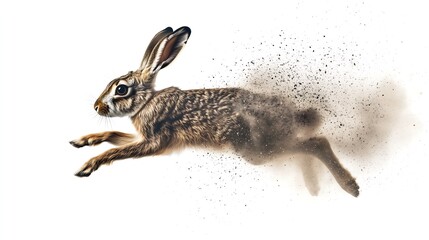 A dynamic brown rabbit leaping through the air, kicking up a cloud of dust behind it.