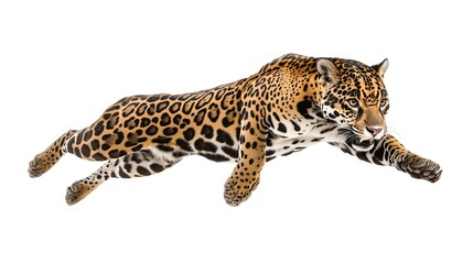 Naklejka premium A majestic leopard leaps gracefully, showcasing its stunning spots and powerful build.
