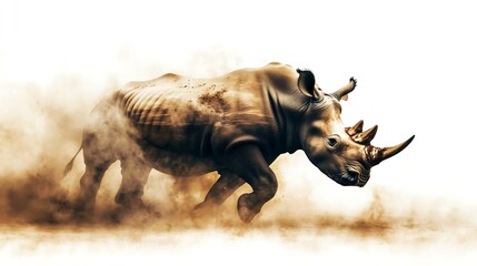 Fototapeta premium A powerful rhinoceros charging through a dust cloud, showcasing strength and determination.