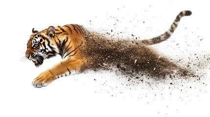 A fierce tiger lunges forward, showcasing its strength and agility against a white background. © Angelo