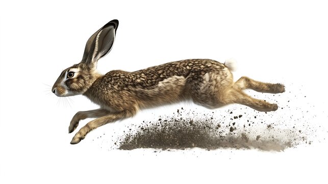 A dynamic illustration of a brown European hare leaping through the air in a burst of movement.