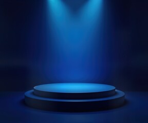Empty stage with blue gradient background, spotlight. Modern, elegant design for product displays. Ideal for presentations new products. Studio ambiance offers pro aesthetic. Three-dimensional