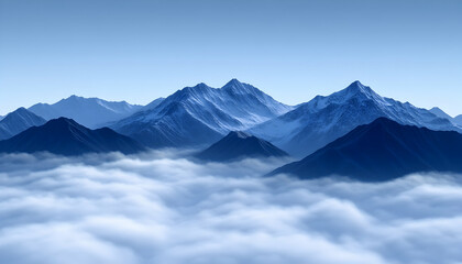 Fototapeta premium Majestic snow-capped mountains rise above a sea of clouds, a breathtaking panoramic view of serene nature.