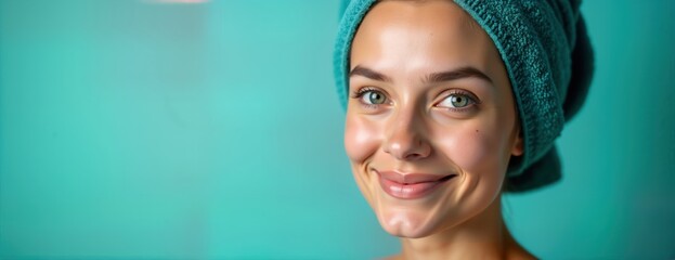 Smiling girl with teal towel on head against blue background. Woman looks happy, relaxed. Perfect for facial spa wellness center promotion. Great for skincare brand advertisement. Image with copy