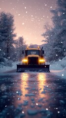 Modern snow-clearing truck in motion, pushing snow to the roadside, illustrated in a bold, graphic novel style