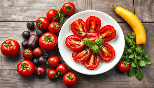 Immune boosting healthy food for low cholesterol high in lycopene, anthocyanins, antioxidants, vitamins, minerals & dietary fibre. With fruti & vegetables around a white plate on rustic wood isolate