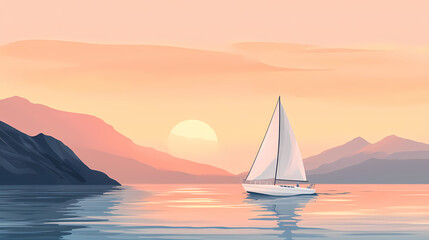 Fototapeta premium Fathers day card mockup, a white sailboat sails across a calm ocean at sunset with mountains in the distance. Mariner. Illustration