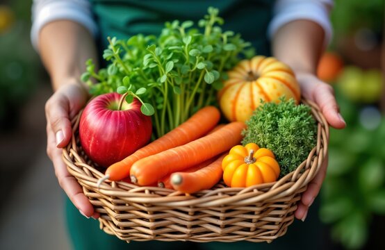 Woman holds wicker basket filled with fresh produce from farmers market. Basket contains apples carrots pumpkins microgreens. Fresh local harvest. Healthy food shopping concept. Purchase in public