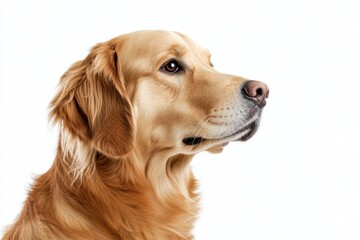 Golden retriever dog profile with focused gaze against white background