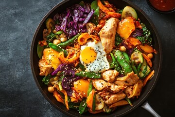 Dak Galbi a large hot pan dish with spicy stir fried vegetables chicken and Gochujang sauce