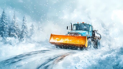 Snowplow machine removing snow on a rural road, providing access after snowfall, illustrated in a soft, painterly art style