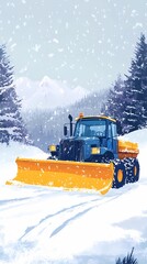 Snowplow machine removing snow on a rural road, providing access after snowfall, illustrated in a soft, painterly art style