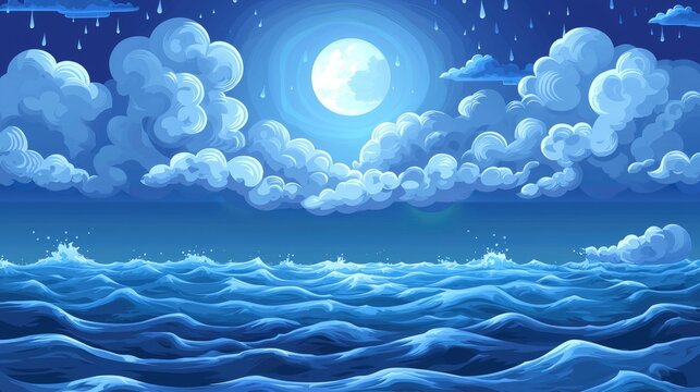 A serene night sky with a full moon, fluffy clouds, and a gently rolling sea.