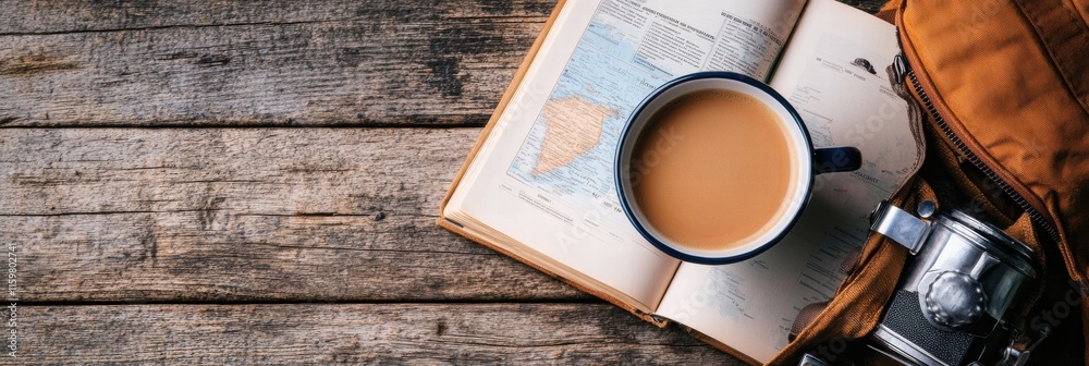 Aufkleber cozy travel flatlay featuring coffee and a travel guide for exploring new destinations. generative a