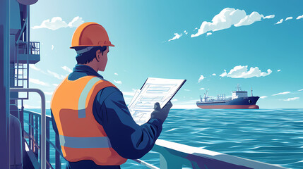 A maritime worker is reviewing plans on a vessel in calm waters, ensuring safety and efficiency in operations at sea. Mariner. Illustration