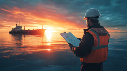A maritime worker is reviewing plans on a vessel in calm waters, ensuring safety and efficiency in operations at sea. Mariner. Illustration