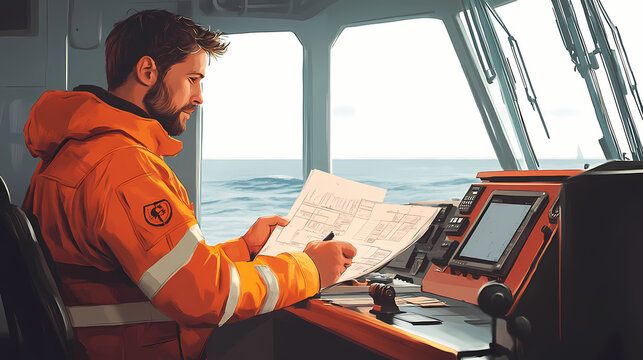A maritime worker is reviewing plans on a vessel in calm waters, ensuring safety and efficiency in operations at sea. Mariner. Illustration