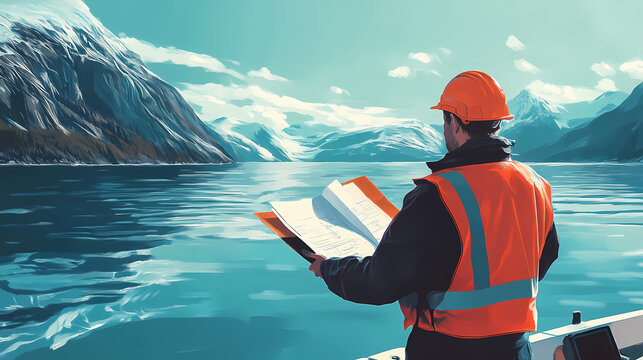 A maritime worker is reviewing plans on a vessel in calm waters, ensuring safety and efficiency in operations at sea. Mariner. Illustration