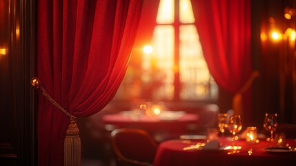 Red Curtains Partially Drawn Reveal Romantic Restaurant Scene