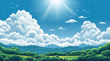 Obraz premium Sunny Day with Fluffy Clouds Over a Lush Green Forest and Mountains