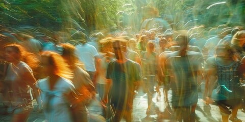 Hikers walking through a forest trail during autumn. Long exposure photography with motion blur. Outdoor adventure and nature exploration concept. Explorer walking and exploring in the forest. AIG55.