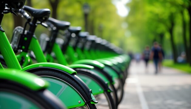 Many bright green bicycles parked in row at bike station in park. People walk along path in background. City bike sharing system in public park. Eco-friendly, convenient urban transport. Healthy
