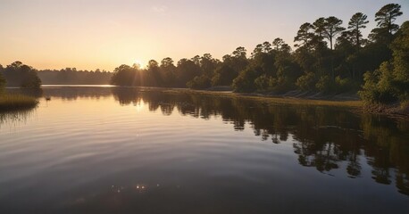 Obraz premium Golden light of sunrise illuminating the Apalachicola River, natural wonder, sunrise