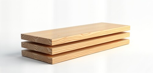 Stacked wood planks displayed against plain white background. Natural wood grain patterns visible on light brown planks. Image could used to illustrate construction material, interior design,