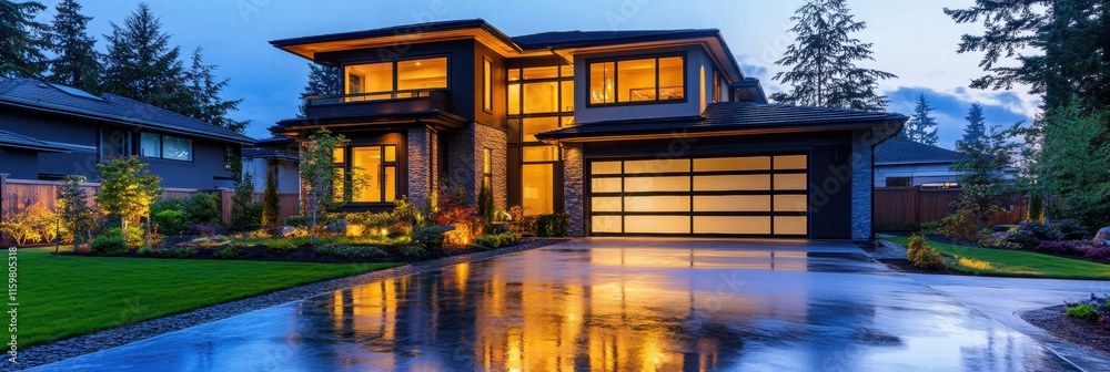 Aufkleber luxury mansion illuminated at twilight showcasing modern architecture and lush landscaping in a sere