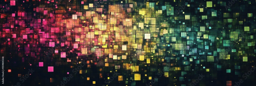 Aufkleber Glowing mosaic of pixelated elements creates a vibrant abstract pattern with vivid colors and dynamic movement. Generative AI