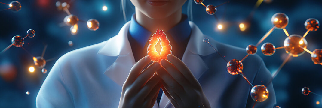 An abstract illustration of a doctor gently holding a 3D thyroid gland, surrounded by vibrant molecular and medical symbols, representing thyroid function and medical innovation.  