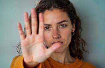 Woman holds hand out in stop gesture. Focused expression signals personal boundaries privacy message. Serious intent shows assertiveness, control. Woman conveys clear message. Image conveys
