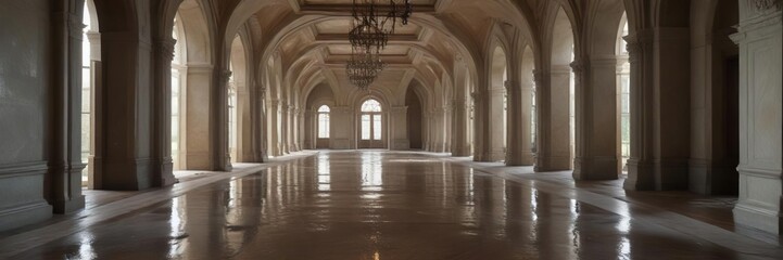 Grandiose palace hallway with flooded floors and elegant arched ceilings,  reflection,  ornate