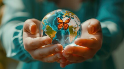 A woman cradles a globe in her hands, showcasing a butterfly on her ear. This image beautifully symbolizes care for the earth and nature's connection.