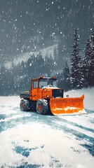 Brightly colored snowplow vehicle at work during a winter morning, illustrated in a charming, storybook art style
