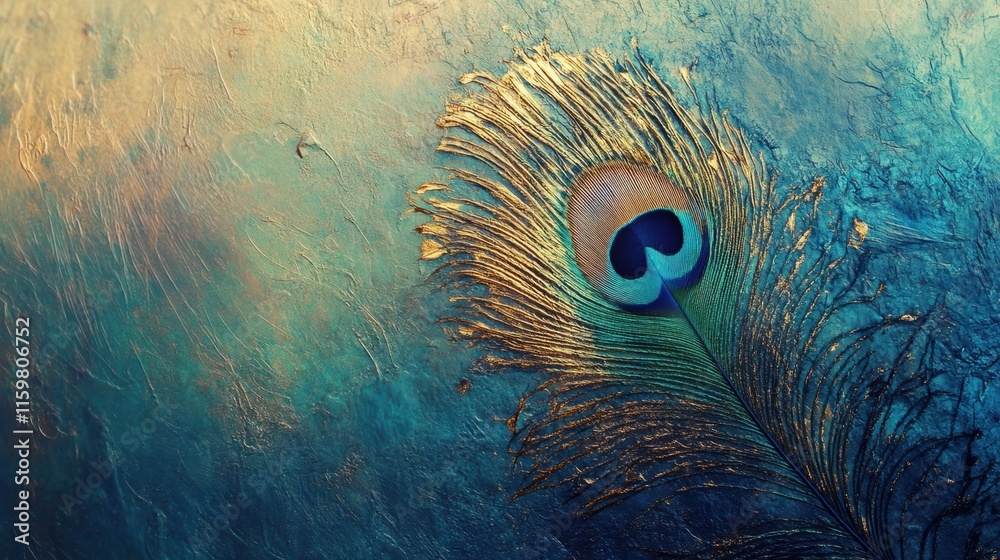 Leinwandbilder Intricate textures of a single peacock feather displaying vibrant colors and patterns with ample copy space for text placement. Generative AI