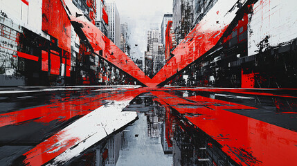 Naklejka premium An abstract representation of a red arrow collapsing into the ground, with fragmented buildings and distorted reflections in puddles, depicting chaos in a high-tech metropolis. 