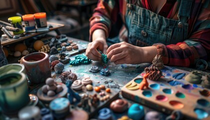 Smart artisan make polymer clay sculpture at workshop. Skillful artist carving plastic texture toy artwork by material. Crafting handmade accessories art with artistic tool and creativity idea. AIG61.