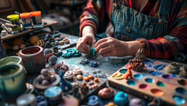 Smart artisan make polymer clay sculpture at workshop. Skillful artist carving plastic texture toy artwork by material. Crafting handmade accessories art with artistic tool and creativity idea. AIG61.