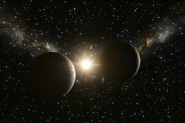 Two planets orbiting a bright star in a vast, star-filled space.  A stunning cosmic scene perfect for science fiction, astronomy, or space exploration themes.