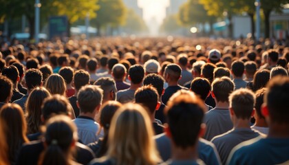 Large crowd of people walking together. Possible event or gathering. Many individuals standing in a dense group. Daytime. City street or urban area. Diverse group.