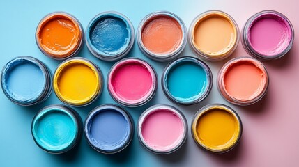 Open paint cans with vibrant colors on blue background