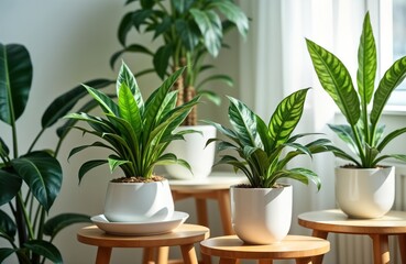 Indoor scene shows various houseplants in white pots on side tables. Different kinds of green plants thrive in bright living room. Natural greenery adds touch of nature to interior. Sunlight