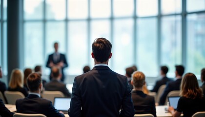 Business people attend conference. Speaker focused in front of audience. Many attendees sit in meeting room. Pro atmosphere. Business meeting in progress. Modern conference room. Focused presentation
