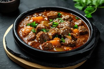 Homemade Kimchi Beef Stew on a wooden board and slate with blank area