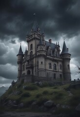 Fototapeta premium Haunted looking castle with a dark and stormy sky, foggy, mysterious , gloomy